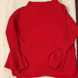 LOFT Red Ribbed Cowl-Smock Sweater with Bell Sleeves